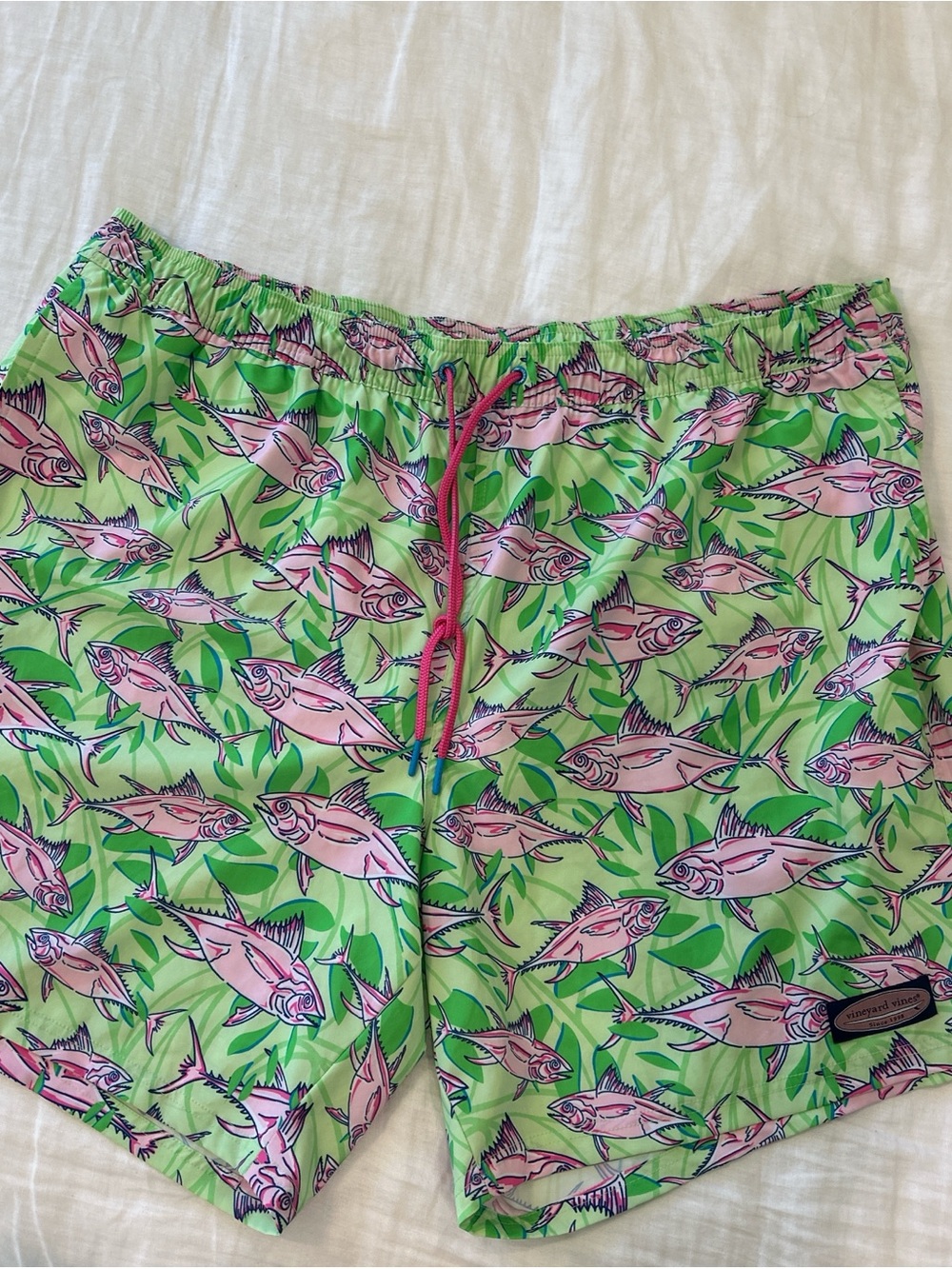 Vineyard Vines Lime Green Swim Shorts with Pink Fish Print